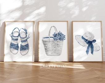 Sandals, Wicker Basket and Sun Hat in Navy Blue, Cute Summer Accessories Illustrations, Vacation Home Changing Room Art | Paper Prints