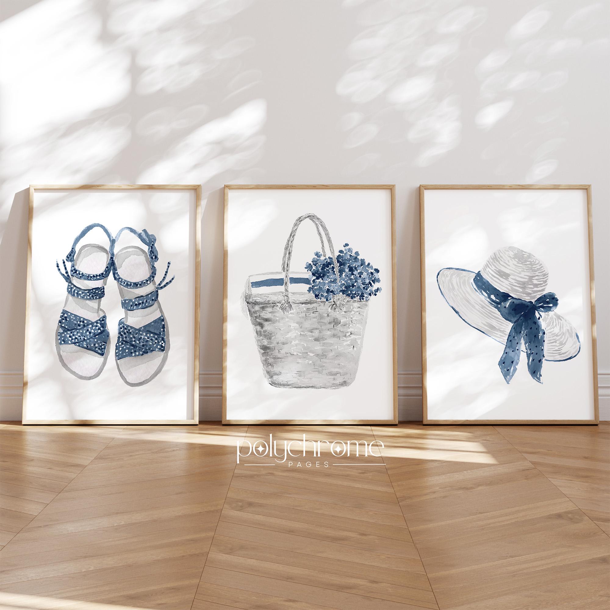 Sandals, Wicker Basket and Sun Hat in Navy Blue, Cute Summer Accessories Illustrations, Vacation Home Changing Room Art | Paper Prints – image 1