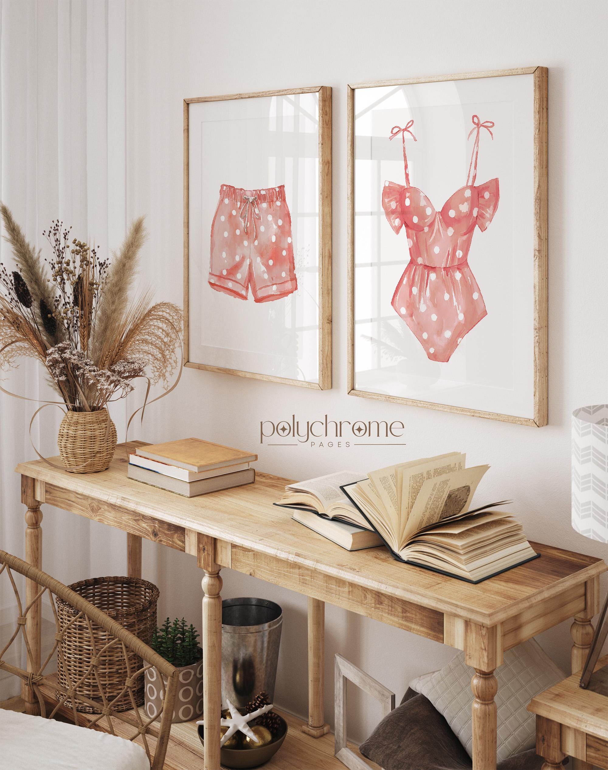 Coral Polka Beachwear, Seaside Swimsuit and Trunks, Peachy Lake House Art, Retro Blush Laundry Room Decor | Paper Prints – image 1
