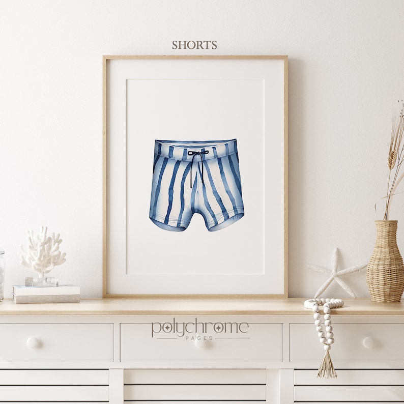 Pode incluir: Uma ilustra&ccedil;&atilde;o em aquarela de cal&ccedil;&otilde;es de banho listrados azul e branco. Os cal&ccedil;&otilde;es t&ecirc;m um cord&atilde;o de ajuste preto e est&atilde;o sobre um fundo branco.