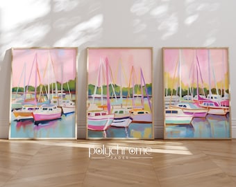 Boat Sailboats in Harbor Marina, Coastal Lake House Landscape in Pastel Pink and Blue Nautical wall decor | Paper prints 5x7 - 24x36 in