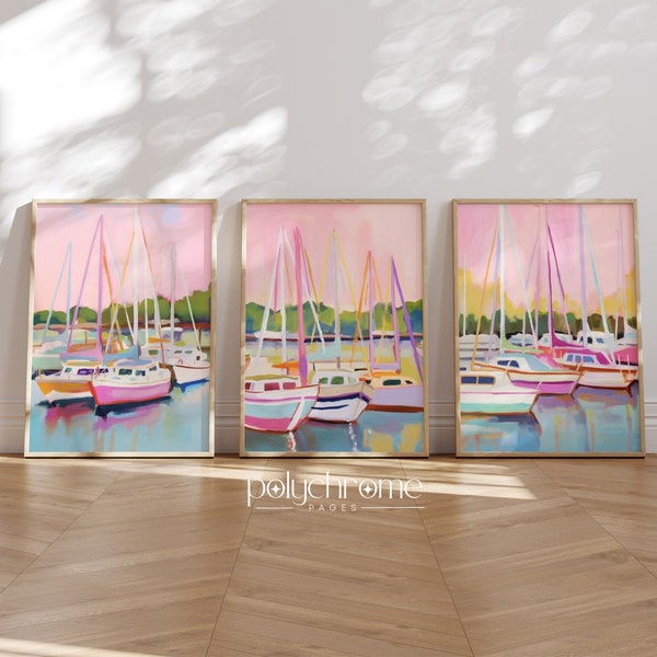 Boat Sailboats in Harbor Marina, Coastal Lake House Landscape in Pastel Pink and Blue Nautical wall decor | Paper prints 5x7 - 24x36 in