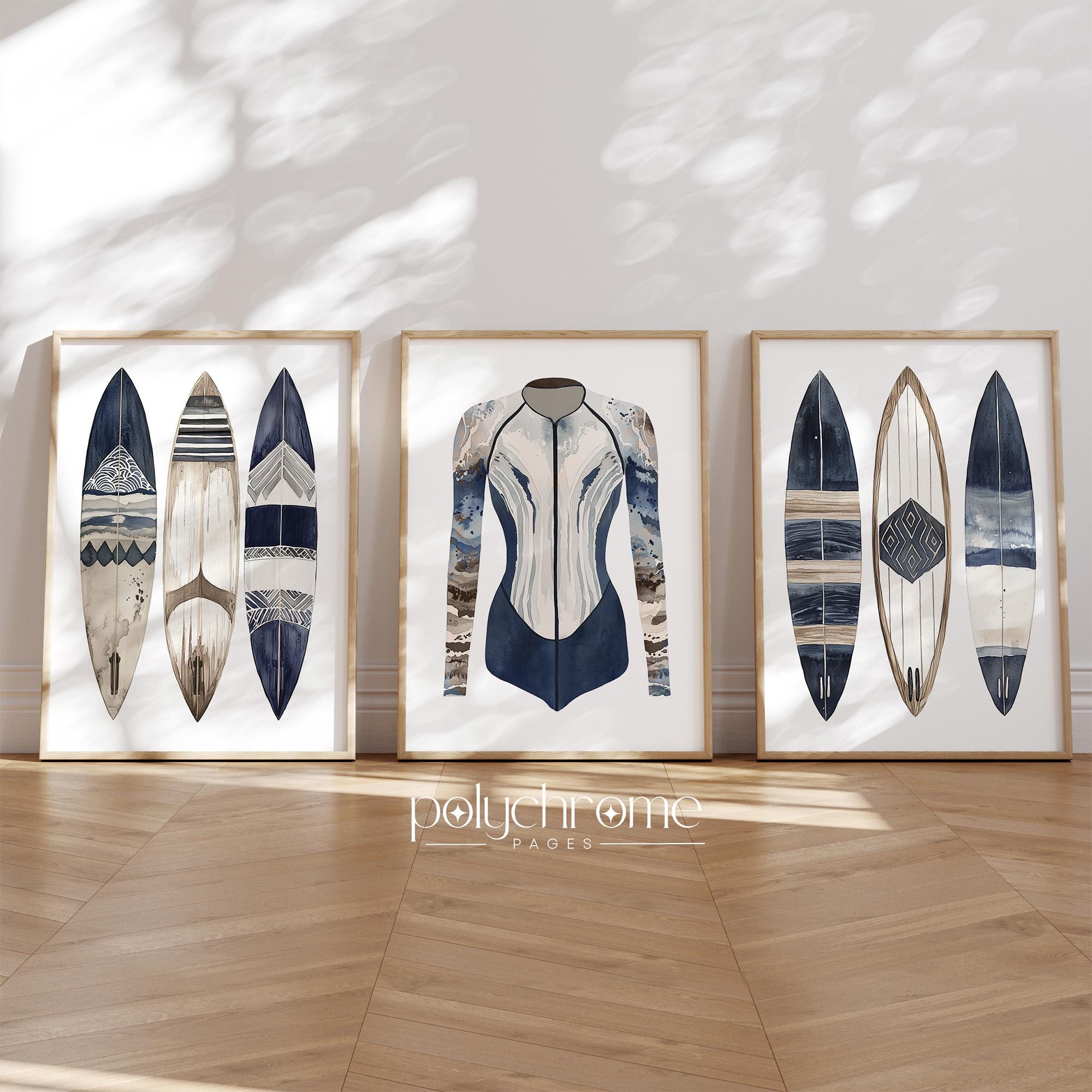 Sup Surfboards and Wetsuit Watercolor Prints, Navy Blue and Brown Coastal, Lake House, Beach House Decor | Paper prints 5x7 - 24x36 in – image 1