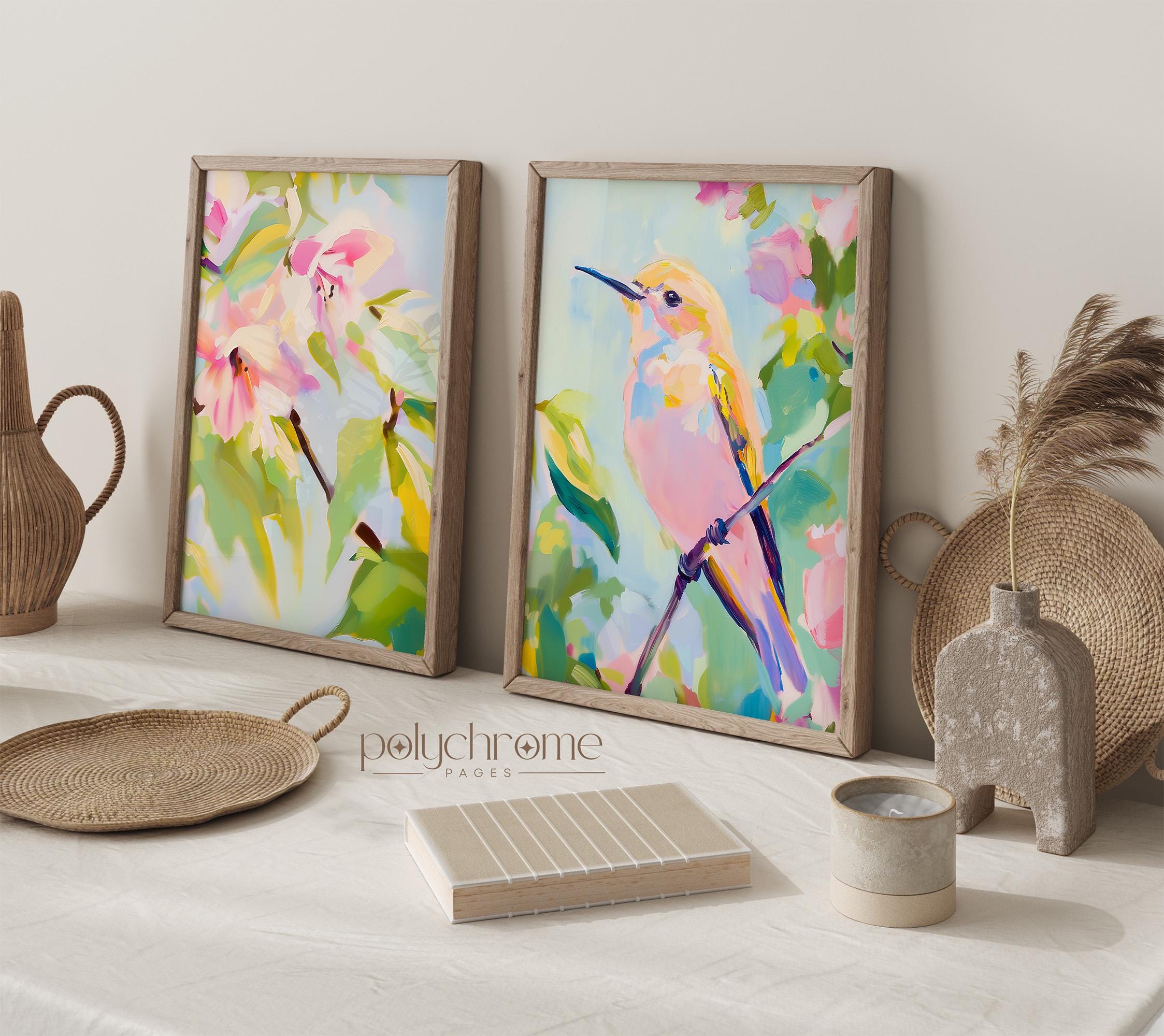 Hummingbird and Hibiscus Tropical Painting - Orange, Pink and Green Colorful Hawaiian Theme Coastal Home Decor | Paper prints 5x7 - 24x36 in – image 1