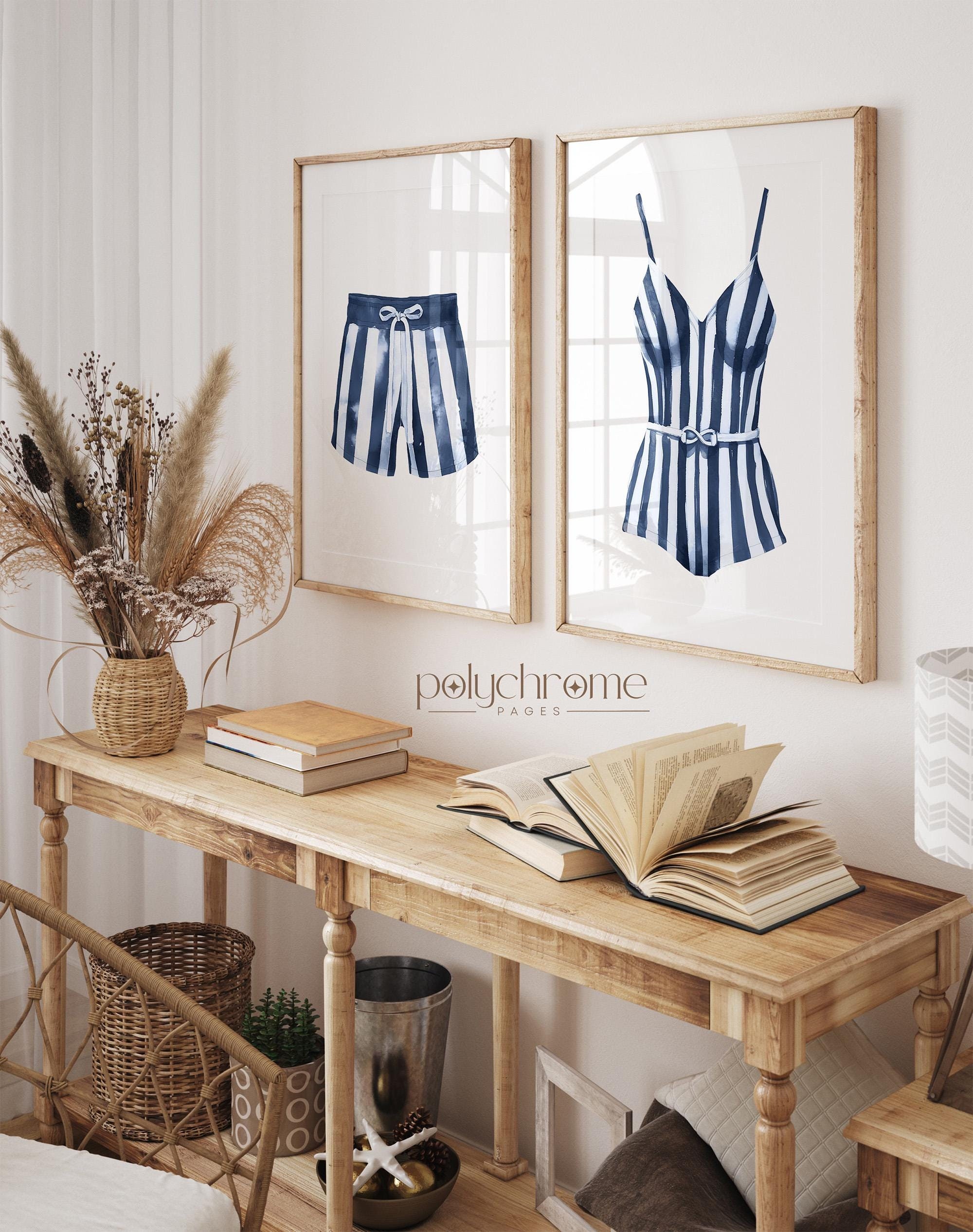 Striped Blue and White Painted Swimsuits Lake House Art, Hale Navy Wall Art, Laundry Room Decor | Paper Print Wall Art sizes 5x7 - 24x36 in – image 1