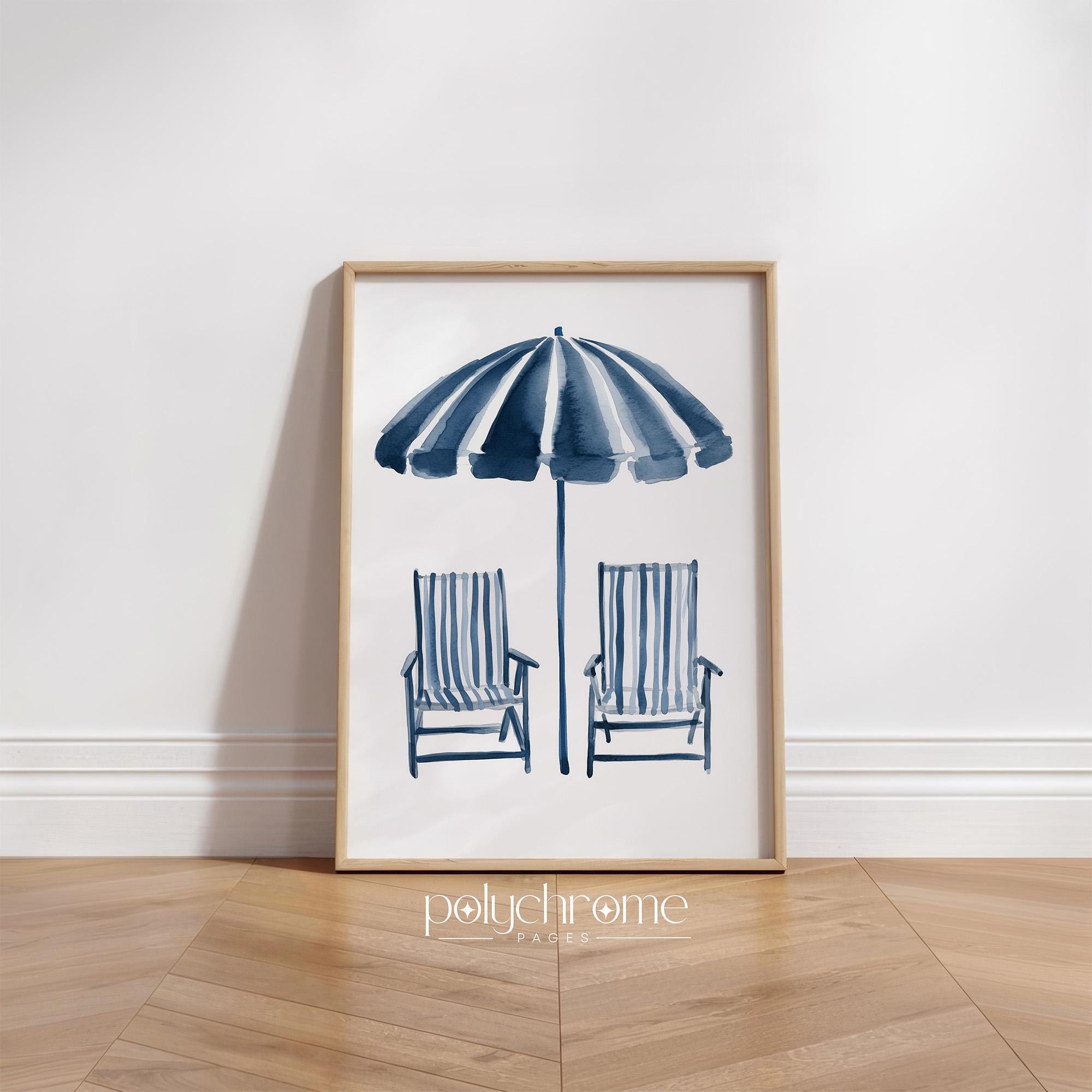 Striped Beach Umbrella and Deckchairs in Navy Blue, Vacation Style Bedroom Decor, Coastal Summer Dorm Room Art | Prints 5x7 - 24x36 in – image 1