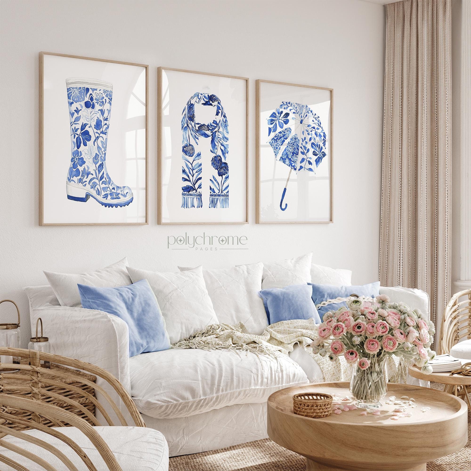 Rainwear Wellies, Scarf, Umbrella in Hamptons Style, Accessories for Autumn Fall, Blue and White Chinoiserie | Paper Prints 5x7 - 24x36 in – image 1