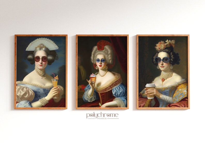 Pu&ograve; includere: Tre dipinti incorniciati di donne in abiti vintage che indossano occhiali da sole. Le donne tengono un cocktail, un cupcake e una tazza di caff&egrave;.