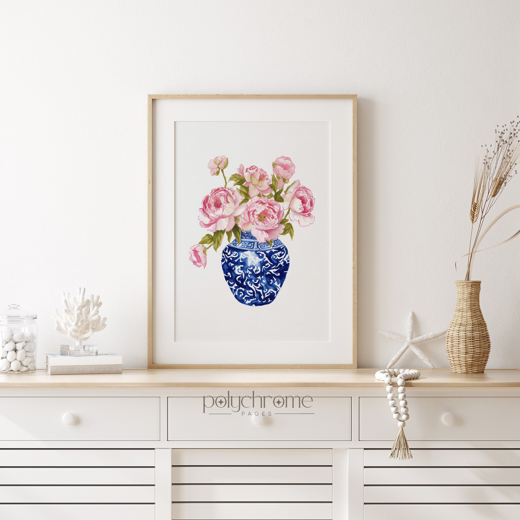Flowers in chinoiserie watercolor wall art, peonies in blue and white chinoiserie art print, chinoiserie peony fine art print – image 1