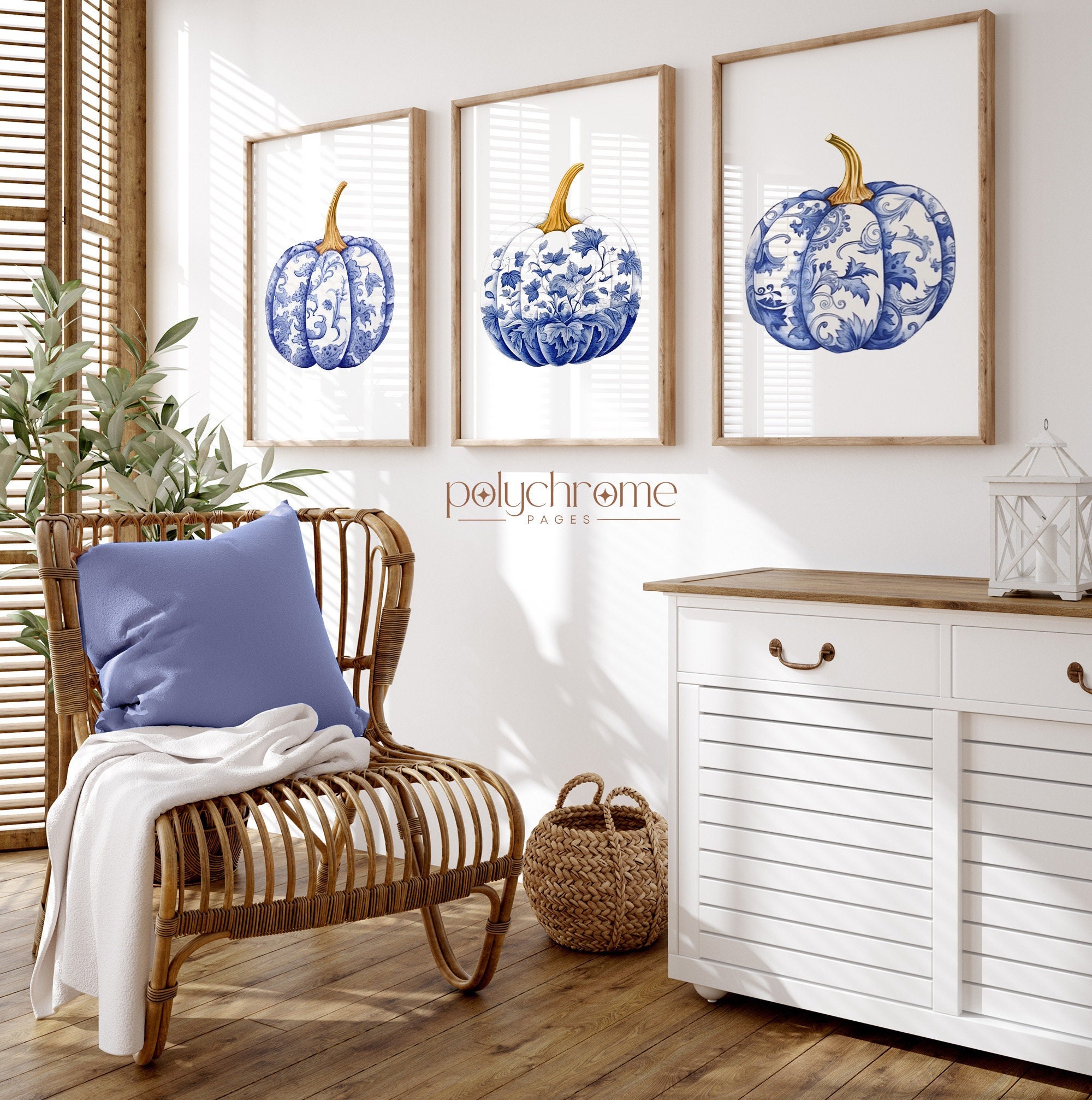 Chinoiserie Pumpkin Art, Hamptons Style Autumn Aestetic Fall Paintings, Blue and White China | Paper Print Sizes 5x7 - 24x36 in – image 1