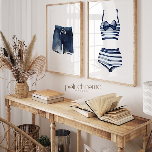 Blue and White Painted Swimsuits Lake House Art, Hale Navy Wall Art, Laundry Room Decor | Paper Print Wall Art sizes 5x7 - 24x36 in
