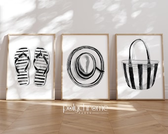 Black and White Striped Summer Accessories: Flip Flops, Hat, and Beach Bag - Coastal Beachy Decor Watercolor | Paper Prints 5x7 - 24x36 in