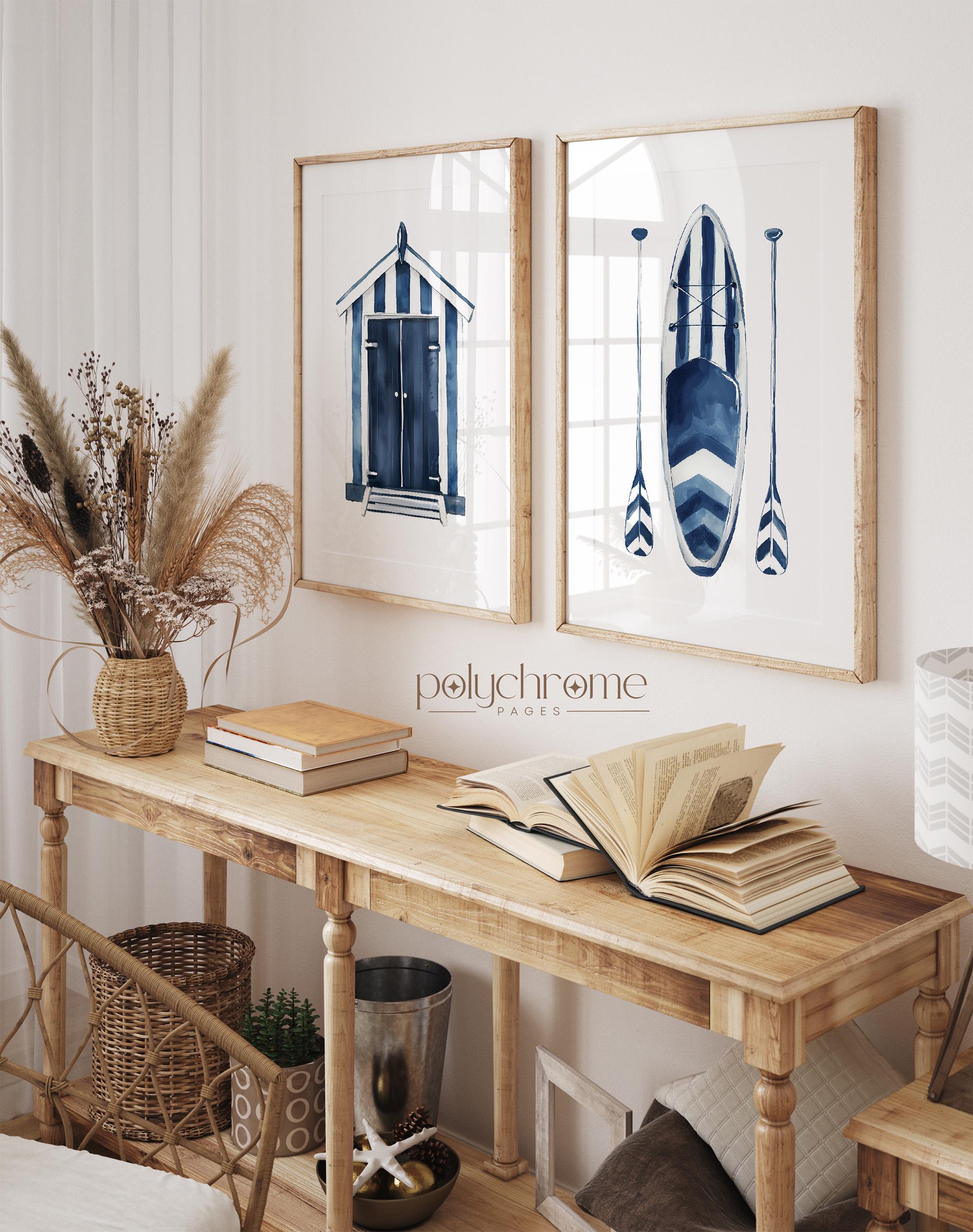 Beach Hut and SUP Paddle with Oars in Navy Blue and White, Lake House Summer Holiday Rental Art - Coastal Bathroom Decor | Paper Prints – image 1