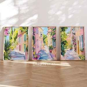 Colorful Italian Village Alley Scene, Pink and Blue Mediterrean Style Travel Poster, South European Homes | Paper prints 5x7 - 24x36 in