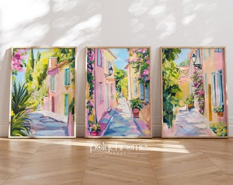 Colorful Italian Village Alley Scene, Pink and Blue Mediterrean Style Travel Poster, South European Homes | Paper prints 5x7 - 24x36 in