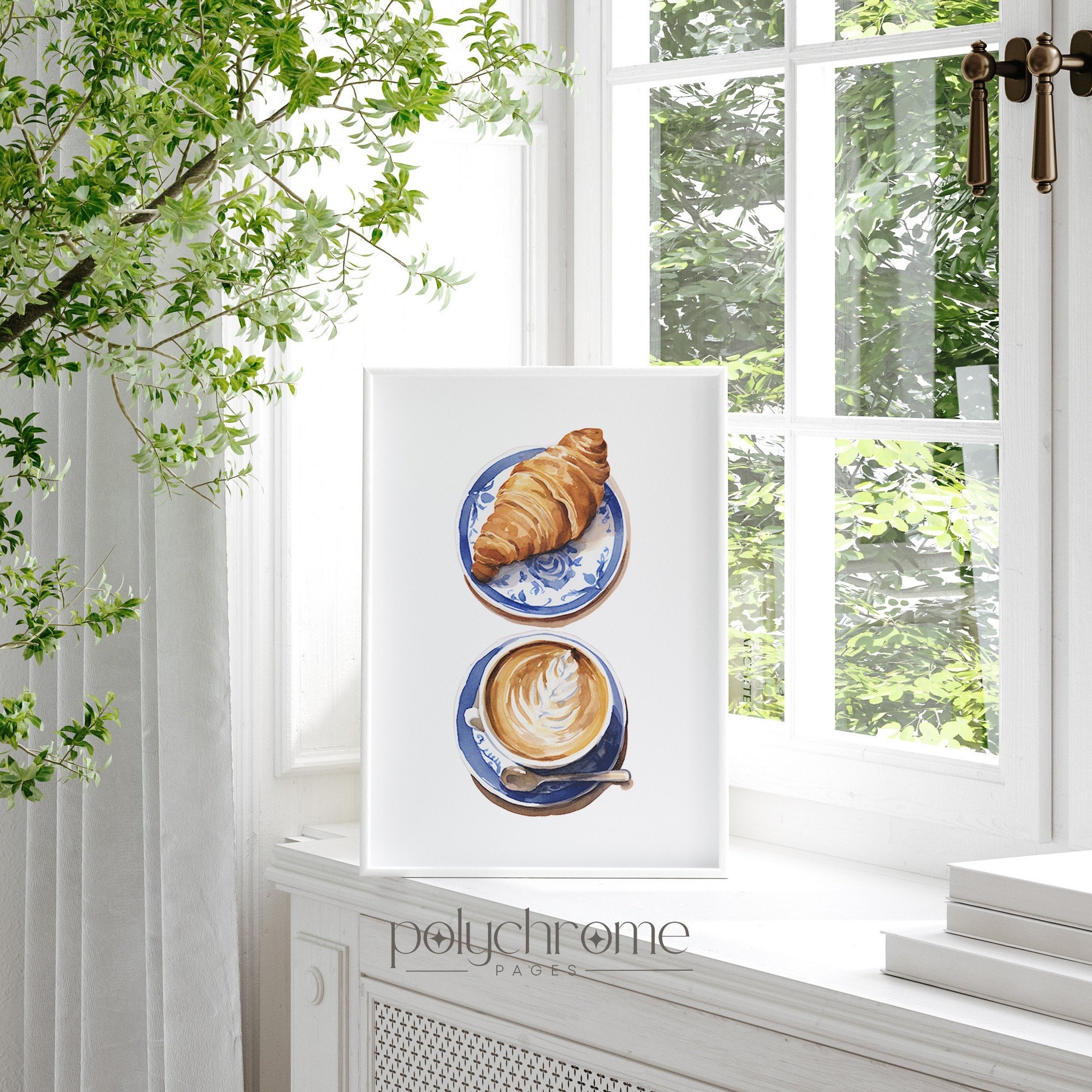 French Breakfast Cappuccino Cup and Croissant on Chinoiserie, Hamptons Style Blue and White Kitchen Wall Decor | Paper Prints 5x7 - 24x36 in – image 1