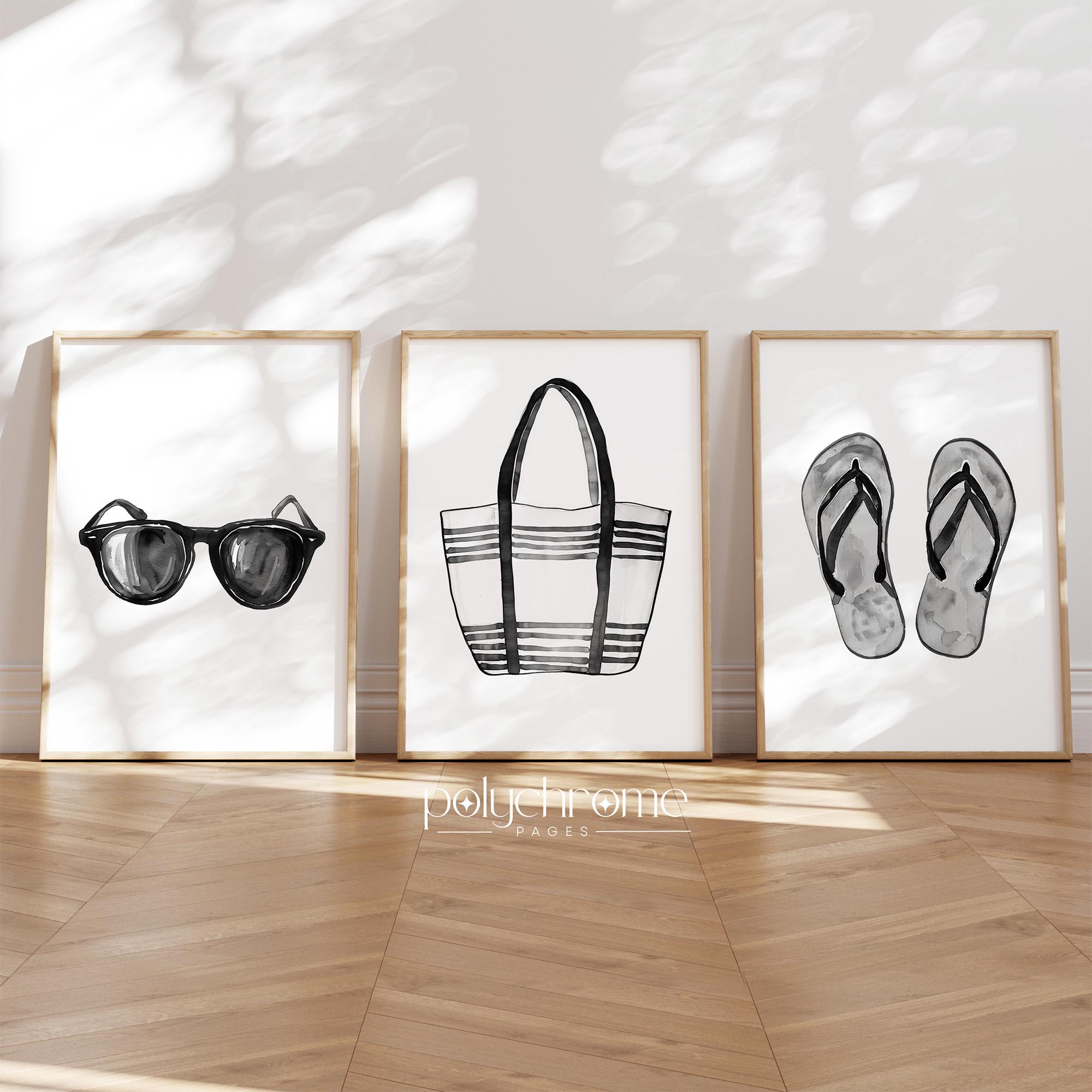 Black Summer Accessories: Sunglasses, Beach Bag and Flip Flops, Coastal Beachy Decor Watercolor Art | Paper Print Sizes 5x7 - 24x36 in – image 1