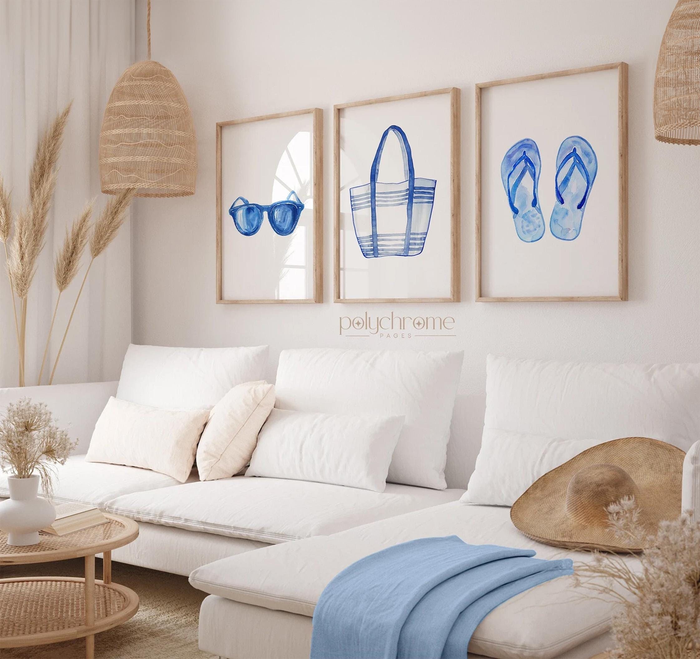 Summer Accessories: Sunglasses, Beach Bag, Flip Flops in Sky Blue, Coastal Beachy Decor Watercolor Art | Paper Print Sizes 5x7 - 24x36 in – image 1
