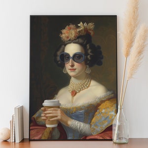 Rococo art work of Lady with Coffee cup - baroque art painting altered art print, eclectic kitchen poster | Printable, sizes 8x10 - 24x36in