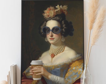 Rococo art work of Lady with Coffee cup - baroque art painting altered art print, eclectic kitchen poster | Printable, sizes 8x10 - 24x36in
