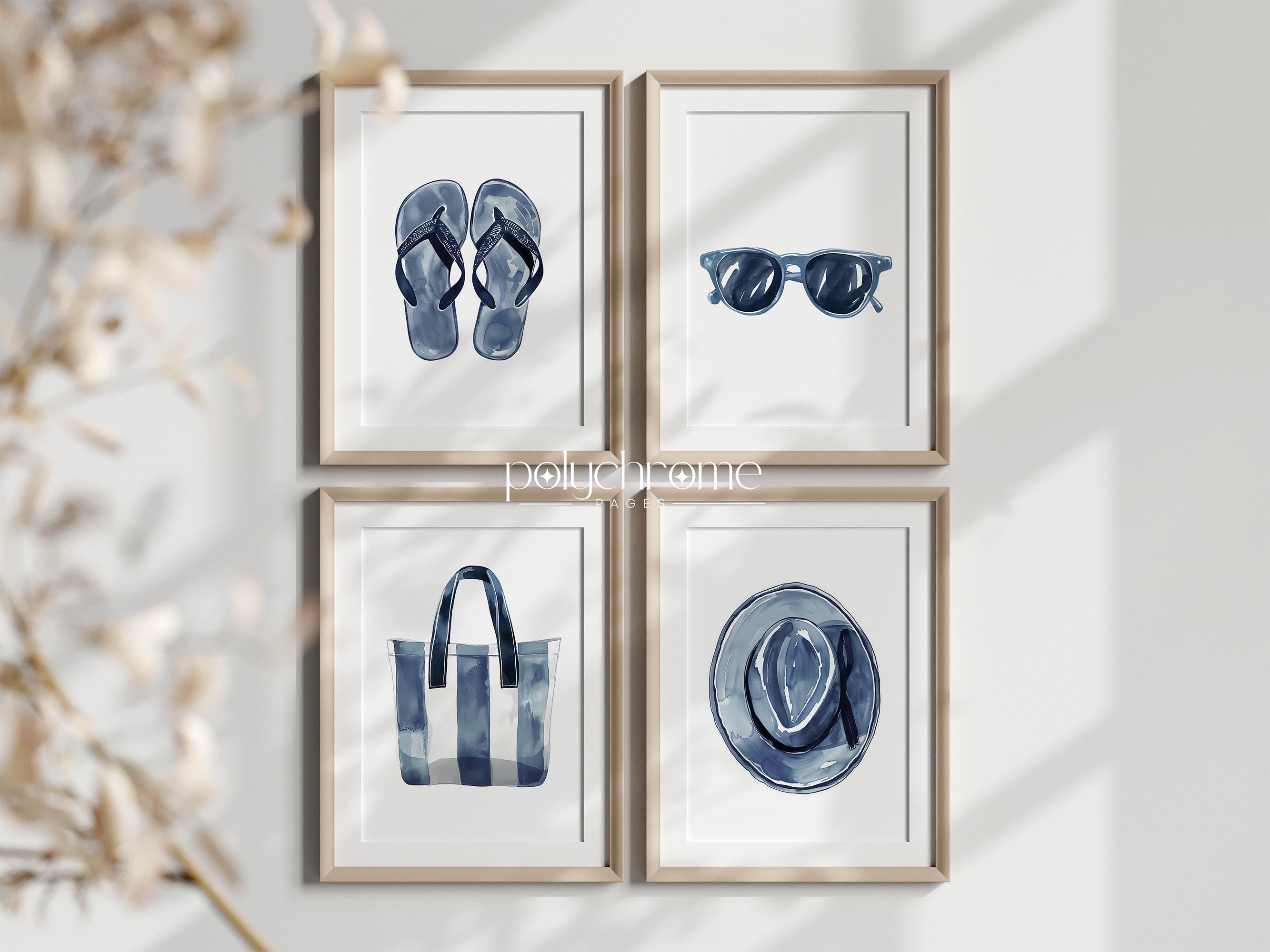 Flip flops, sunglasses, tote beach bag and sun hat, beach vacation home art. Navy blue pool bathroom decor idea | Paper prints 5x7 - 24x36in – image 1