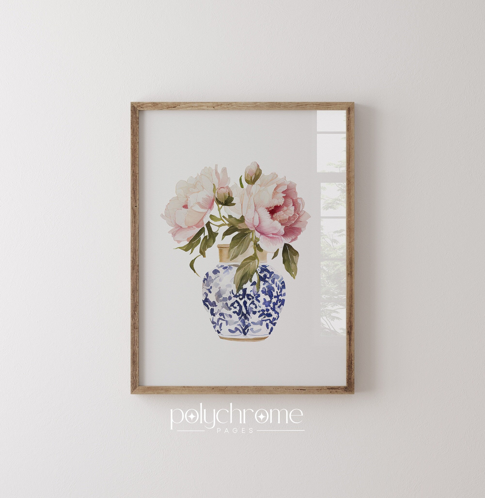 Flowers in chinoiserie watercolor wall art, peonies in blue and white coastal Hamptons art print | Paper print sizes 5x7 - 24x36 in – image 1