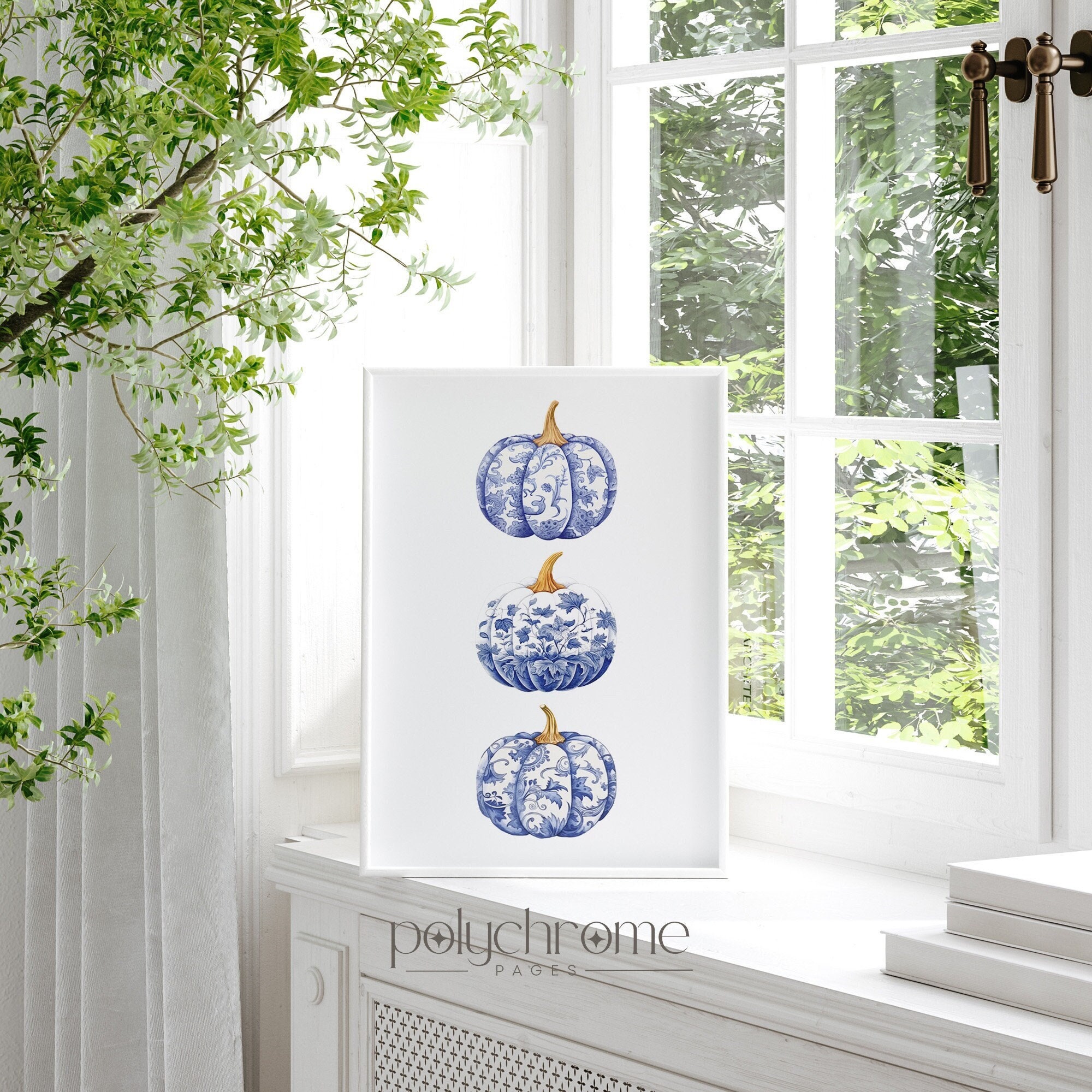 Chinoiserie Pumpkin Art, Hamptons Style Autumn Aestetic Fall Paintings, Blue and White China Wall Art | Paper Print Sizes 5x7 - 24x36 in – image 1