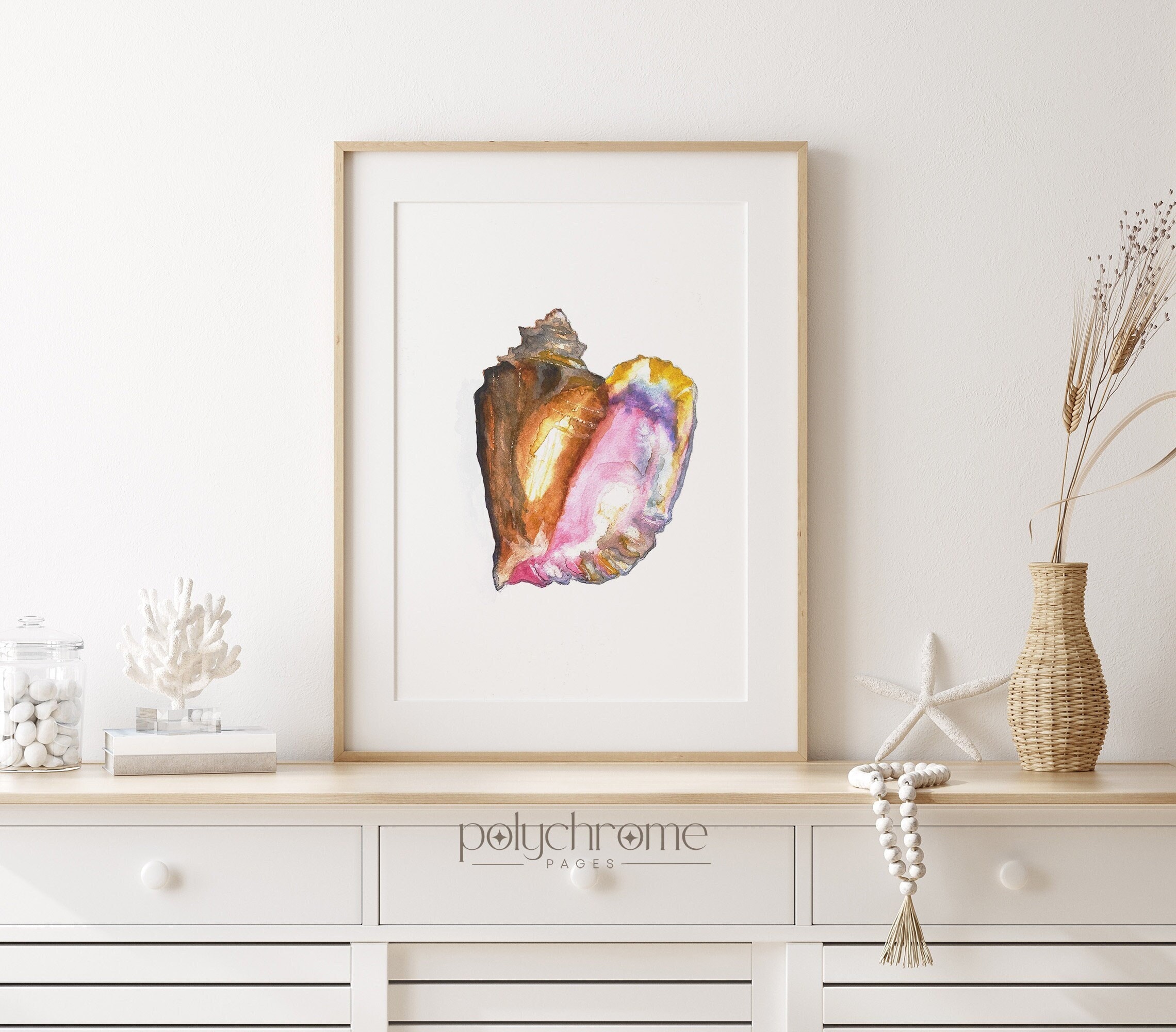 Iridescent Pink Gradient Conch Shell Seashell Art, Beach House Decor Modern Nursery Decor Beachy Watercolor | Paper prints 5x7 - 24x36 in – image 1