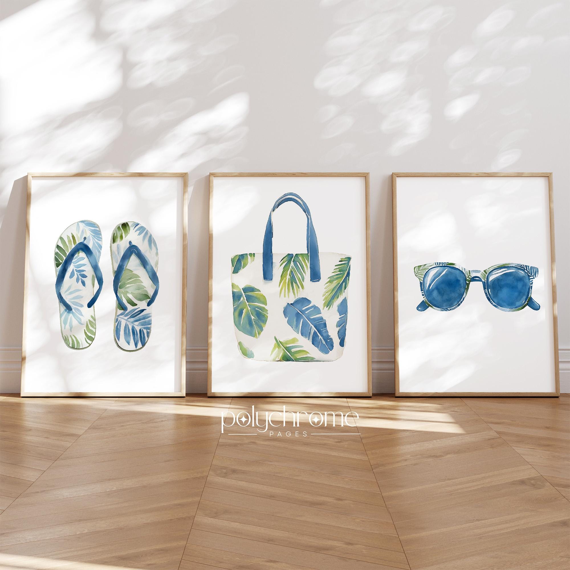 Green and Blue Flip Flops, Beach Bag and Sunglasses with Tropical Design, Vacation Rental Decor, Coastal Bathroom Art | Paper Prints – image 1