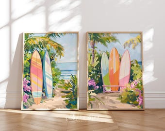 Orange and Pink Surfboards on Tropical Beach, Colorful Hawaiian Theme Coastal House Decor, Pool Bathroom Art | Paper prints 5x7 - 24x36 in