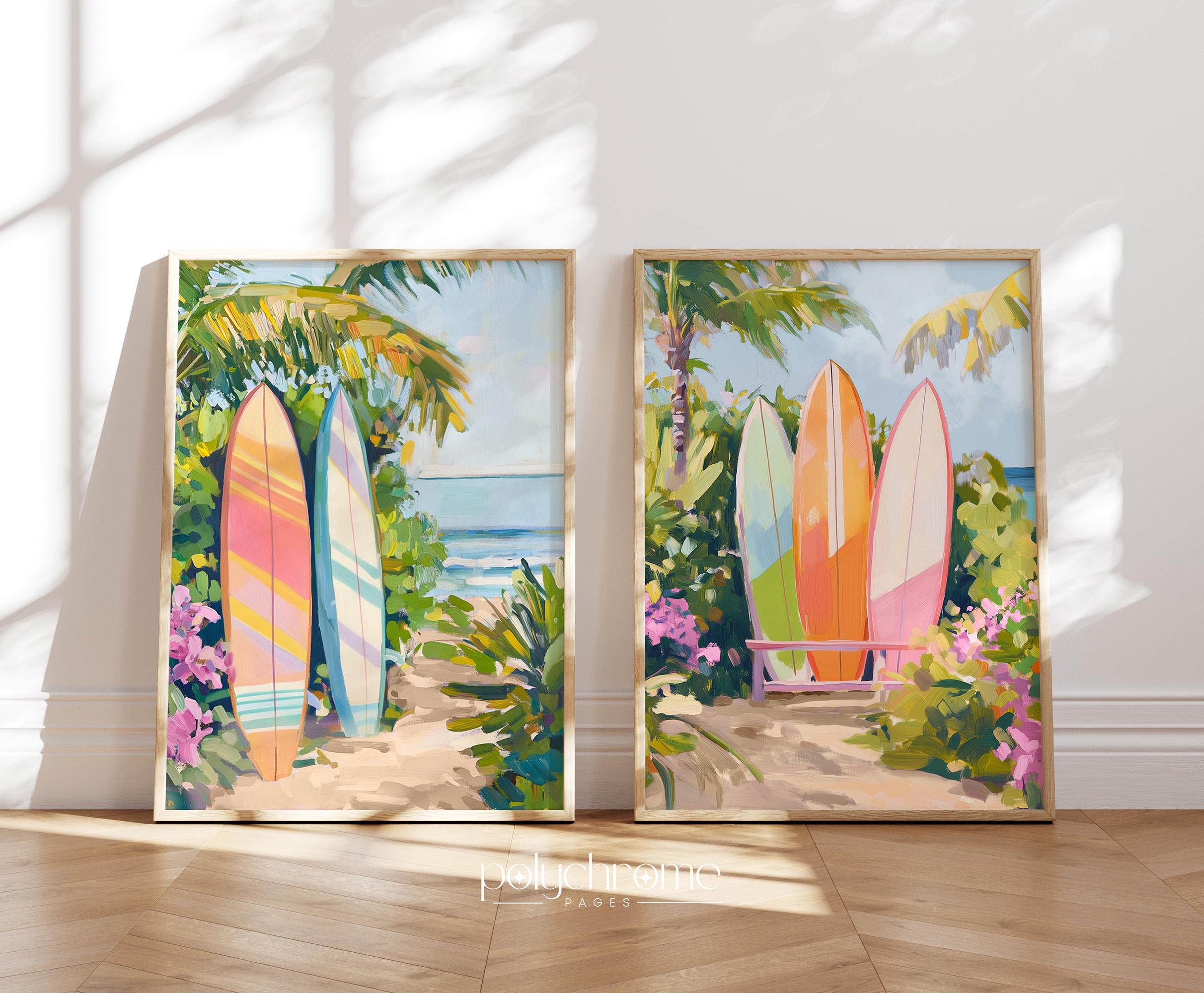 Orange and Pink Surfboards on Tropical Beach, Colorful Hawaiian Theme Coastal House Decor, Pool Bathroom Art | Paper prints 5x7 - 24x36 in – image 1