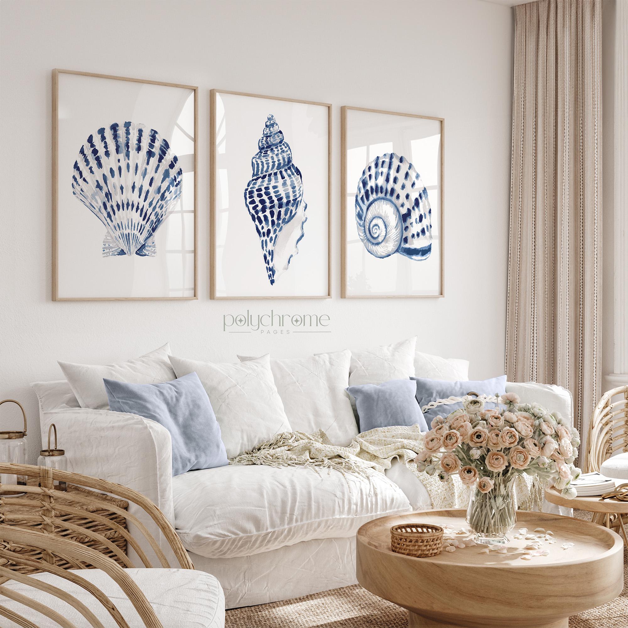 Navy Blue and White Seashells for Seaside Vacation Home, Scallop, Conch and Nautilus Shells Design, Coastal Laundry Room Art | Paper Print – image 1