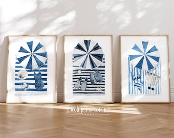 Seaside Sunbathing Flatlay in Blue - Beach Umbrellas and Summer Accessories, Coastal Poolside Wall Art, Vacation Rental Decor | Paper Print