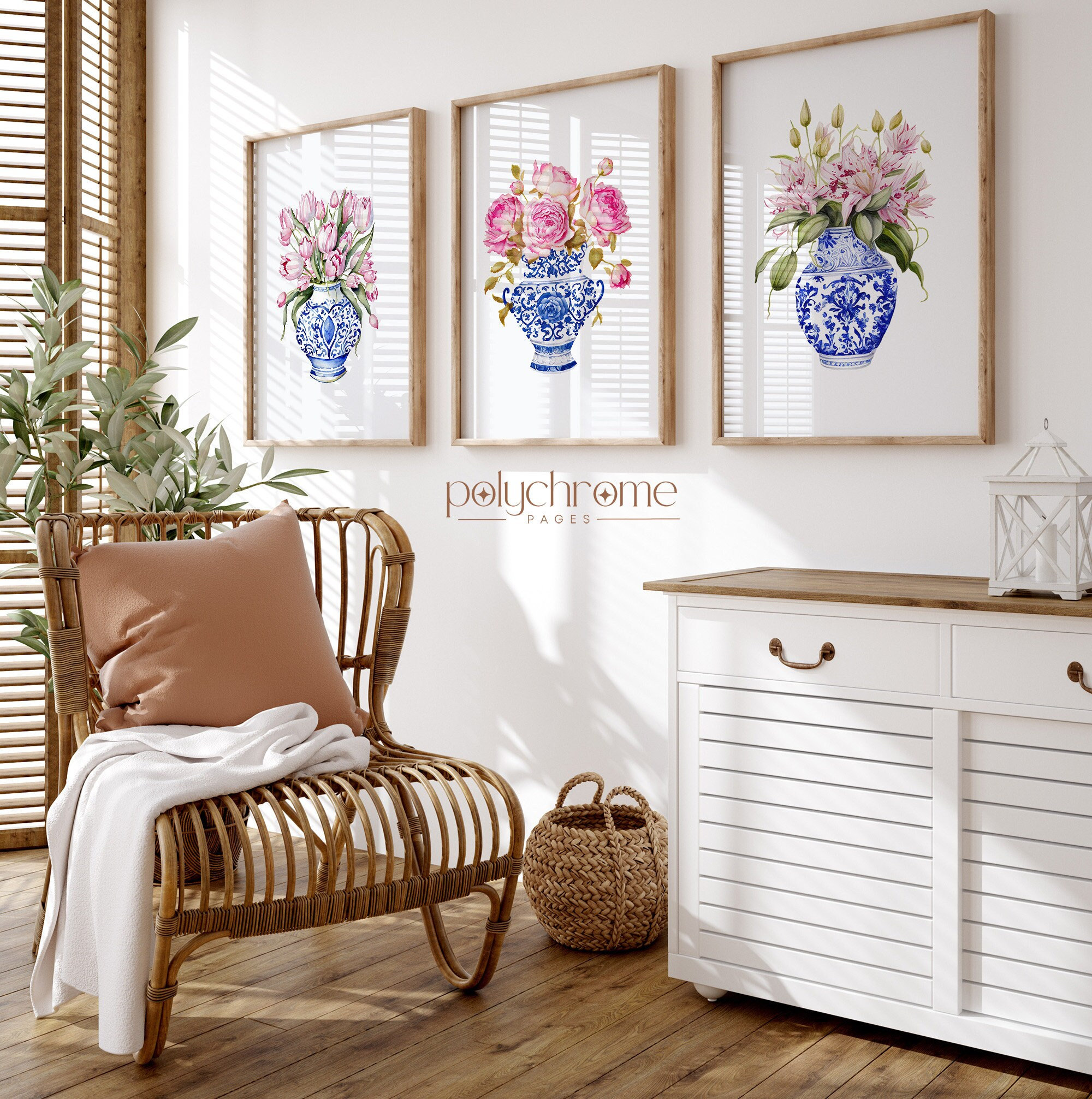 Roses, Tulips, Lilies in Chinoiserie, Hamptons Style Pink Flower Bouquets in Blue and White China | Paper prints 5x7 - 24x36 in – image 1
