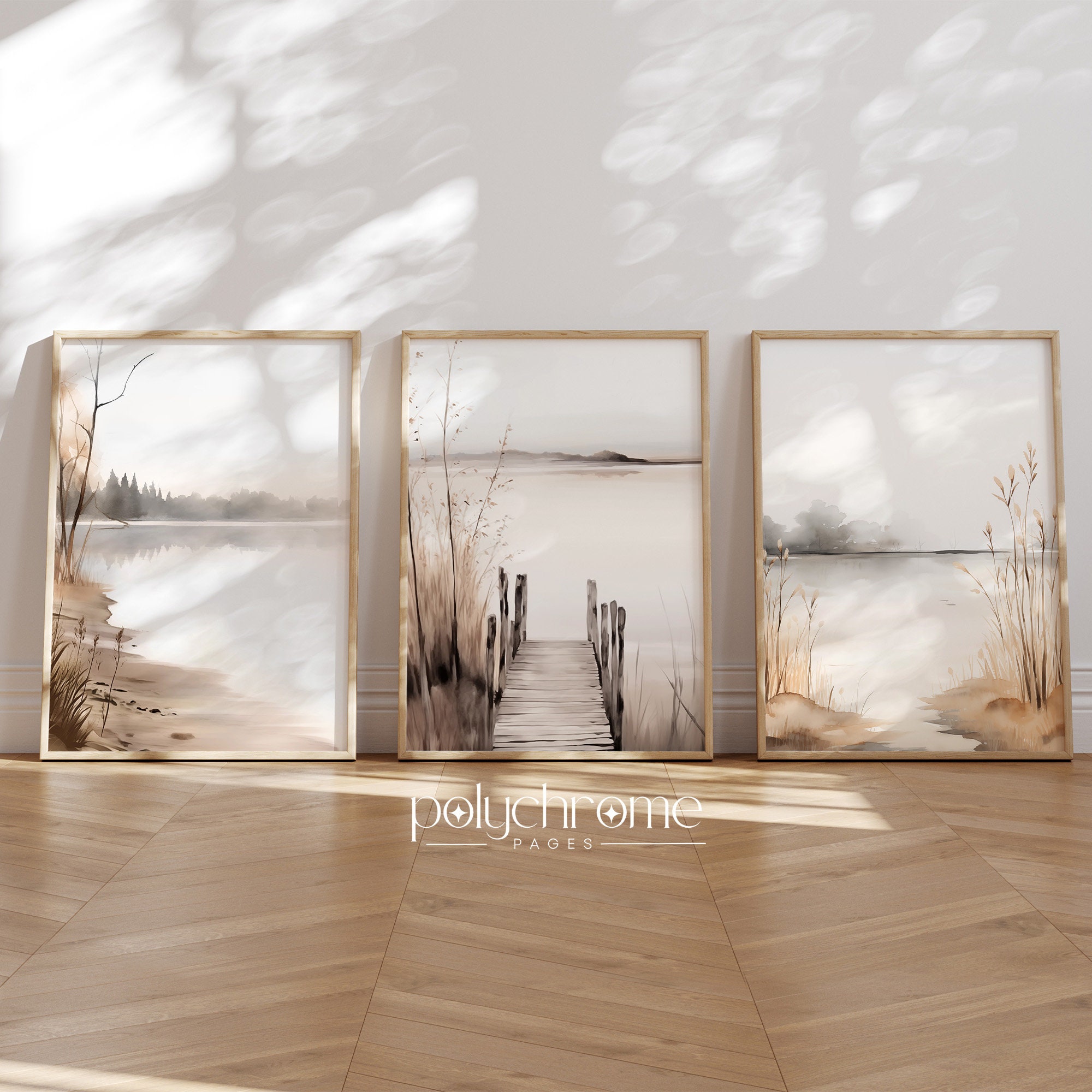 Lake Landscape Paintings in Gray and Beige, Vintage Rustic Pier Greige Lakeside Art | Paper Prints sizes 5x7 - 24x36 in – image 1