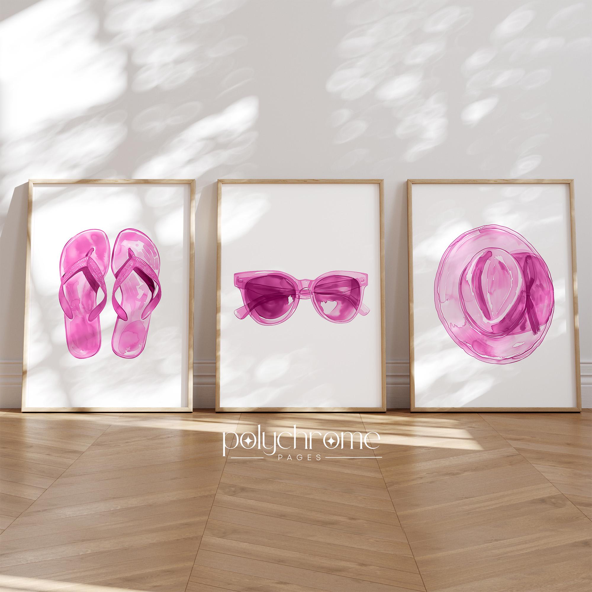 Summer Accessories: Flip Flops, Sunglasses and Hat in Pink, Coastal Beachy Decor Watercolor Art | Paper Print Sizes 5x7 - 24x36 in – image 1