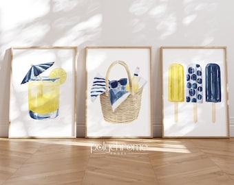 Lemonade, Beach Bag, Ice Pops Summer Accessories in Blue and Yellow, Vacation Beach Picnic, Coastal Pool Bathroom Art, Prints 5x7 - 24x36 in