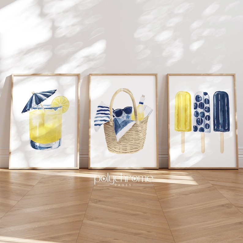 Lemonade, Beach Bag, Ice Pops Summer Accessories in Blue and Yellow, Vacation Beach Picnic, Coastal Pool Bathroom Art, Prints 5x7 - 24x36 in Set of 3