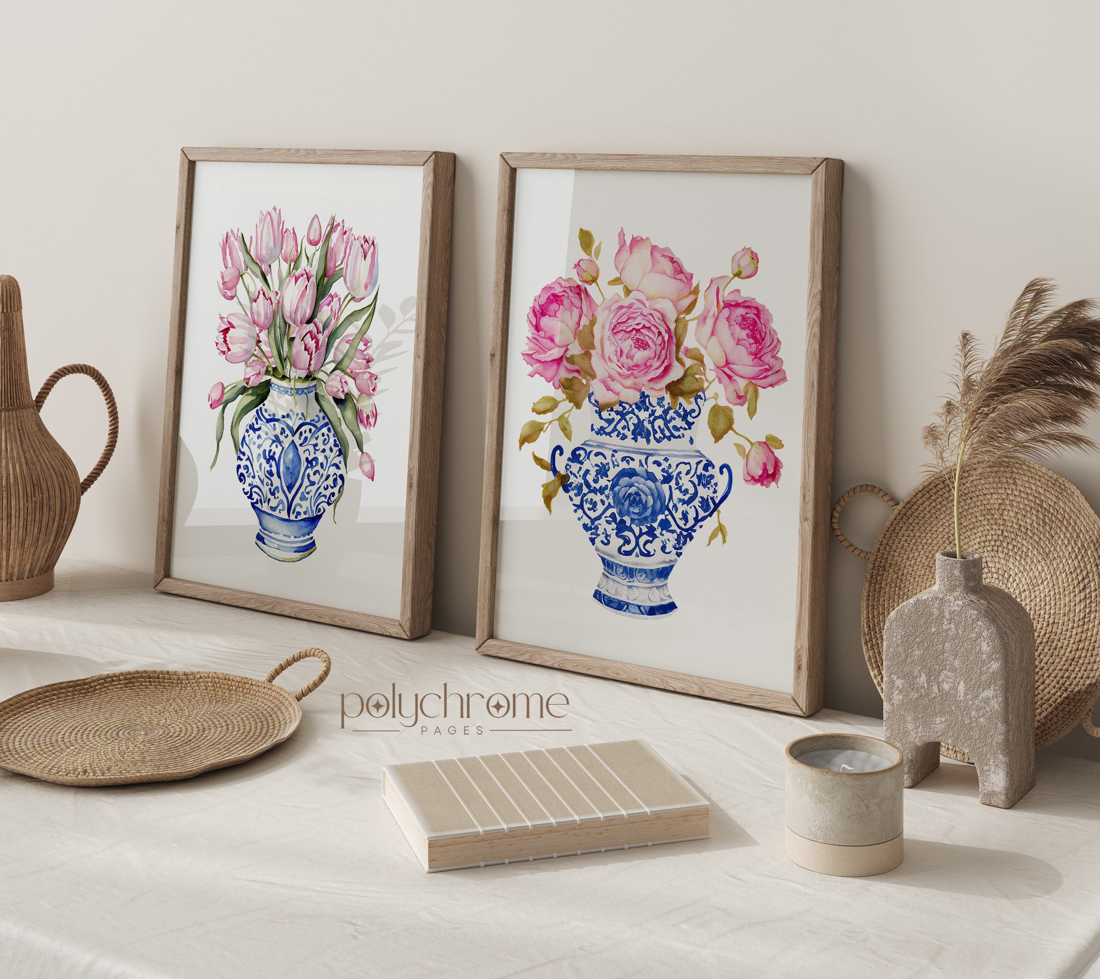 Roses and Tulips in Chinoiserie, Hamptons Style Pink Flower Bouquets in Blue and White China Wall Art | Paper prints 5x7 - 24x36 in – image 1