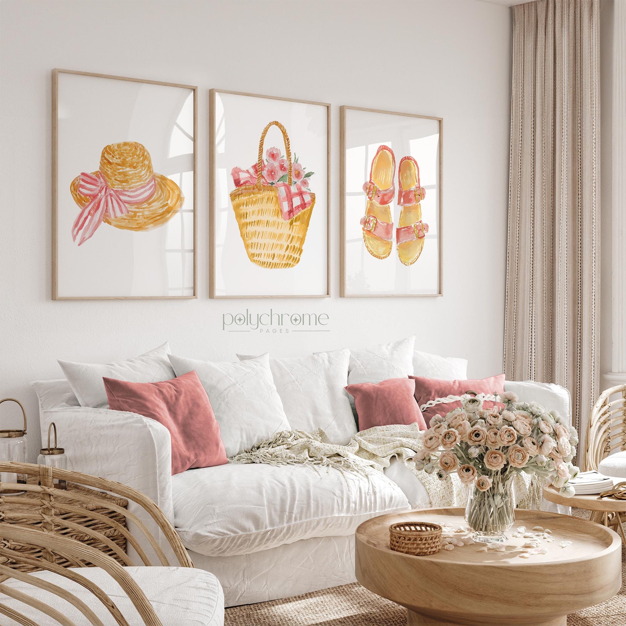 Sandals, Picnic Basket and Straw Hat Cute Summer Accessories in Coral Red, Vacation Style Pink Dressing Room Art | Paper Prints – image 1