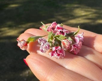 May include: A small bouquet of delicate pink and white flowers with green stems.