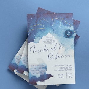 Astrologie sterrenbeeld bruiloft uitnodiging blauwe elegante boho RSVP details kaart uitnodigingsset sjabloon downloaden hemel sterren maan aquarel set