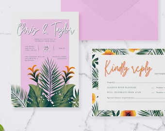 Tropical Pink Palm Leaf Wedding Invite Kit RSVP Details Card Invitation Suite Modern Elegant Playful Set Parrot Flowers Orange Green Leaves