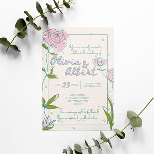 Floral Whimsical 5-Piece Wedding Invitation Customizable Template Kit Hand-drawn Flowers Sketch Watercolor Rose Pink Green Simple Invite image 8