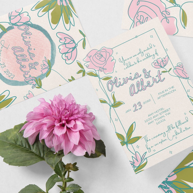 Floral Whimsical 5-Piece Wedding Invitation Customizable Template Kit Hand-drawn Flowers Sketch Watercolor Rose Pink Green Simple Invite image 2