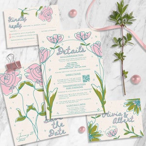 Floral Whimsical 5-Piece Wedding Invitation Customizable Template Kit Hand-drawn Flowers Sketch Watercolor Rose Pink Green Simple Invite image 3