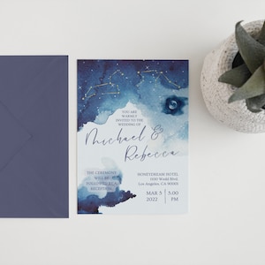 Astrology Constellation Wedding Invitation Blue Elegant Boho RSVP Details Card Invite Kit Template Download Sky Stars Moon Watercolor Set image 10