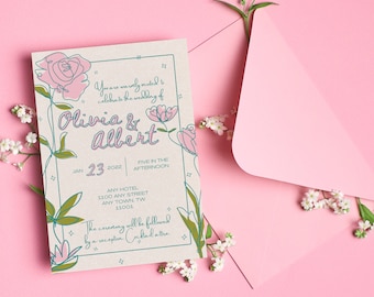 Floral Whimsical 5-Piece Wedding Invitation Customizable Template Kit Hand-drawn Flowers Sketch Watercolor Rose Pink Green Simple Invite