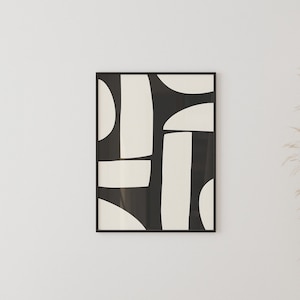 Impressão minimalista em preto e branco, impressão de arte moderna de meados do século, pintura abstrata simples em preto.