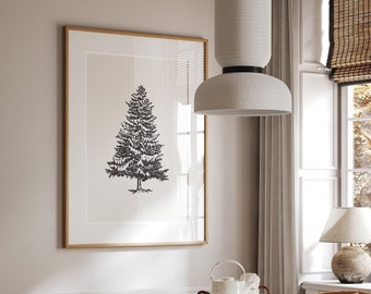 Black and White Minimalist Modern Christmas Tree Art Print, Aesthetic Winter Printable Wall Art, Holiday Wall Decor Digital Download